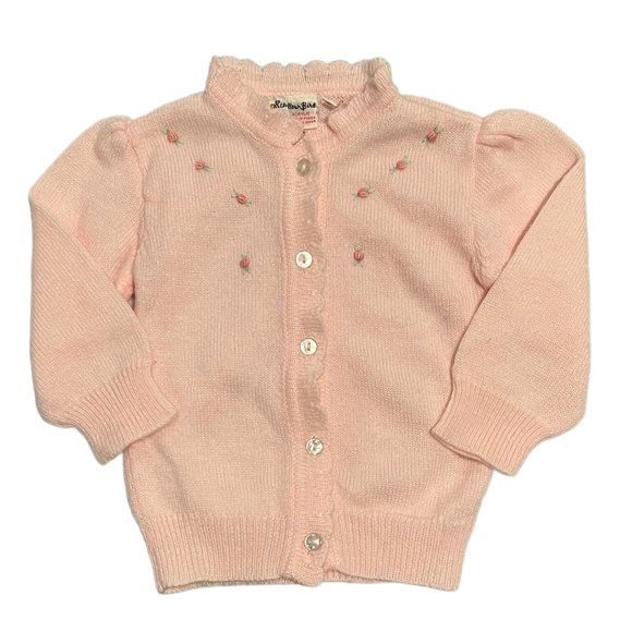 Vintage Little Girls Pink Cardigan Rose Detail Ruffle MOP Buttons Adorab… - Picture 4 of 10